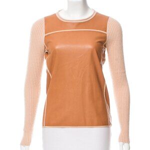 Reed Krakoff Beige Cashmere Wool Blend Tan Leather Panel Crew Neck Sweater S